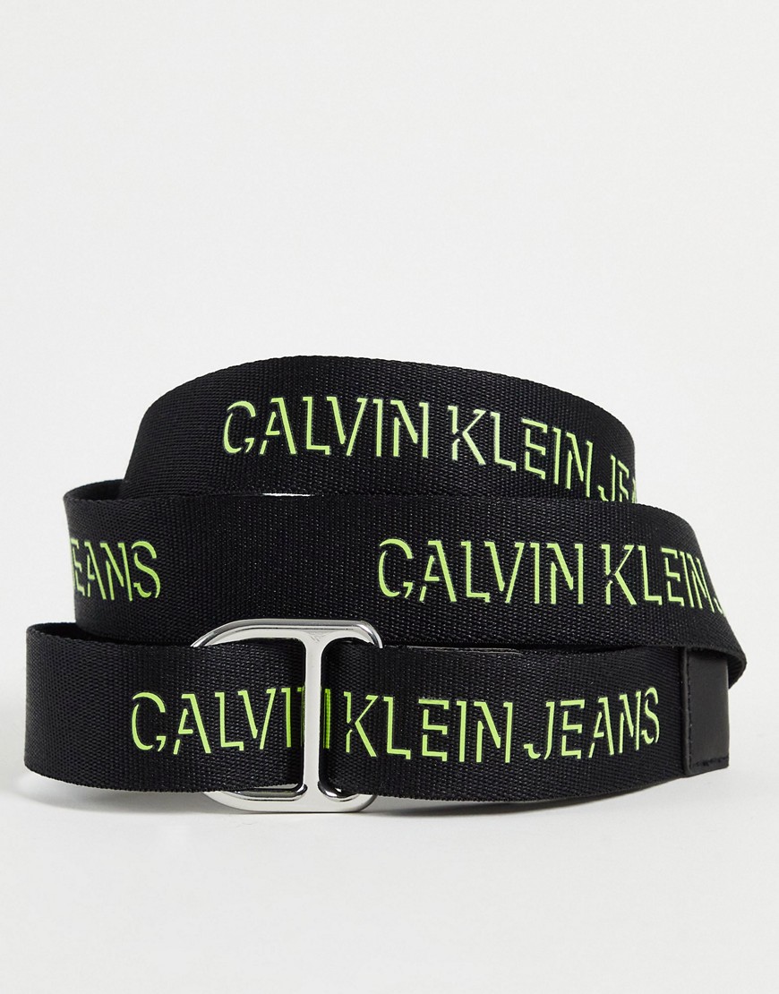 Calvin Klein Jeans slider D ring belt in black with lime logo