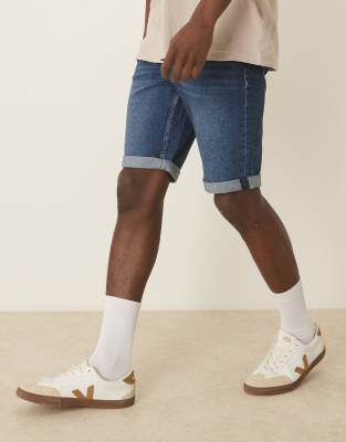 slim cuffed denim shorts in dark wash-Blue