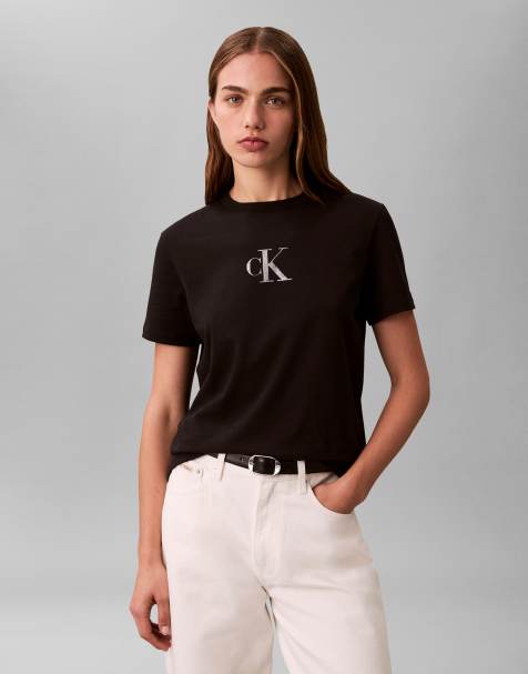Calvin Klein Jeans slim fit tee with metallic monogram logo in black - view 1