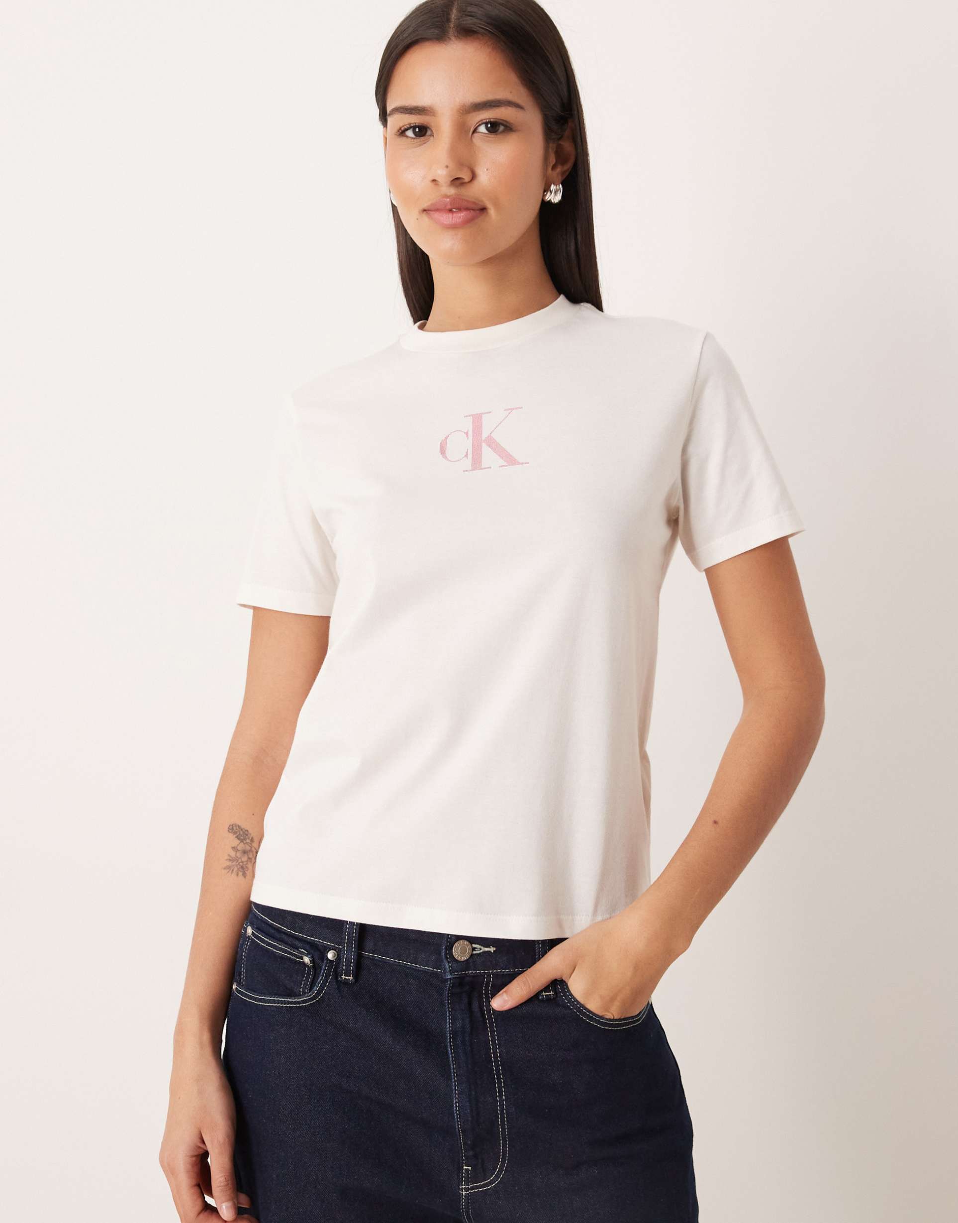 calvin klein jeans slim fit tee with metallic monogram logo in white