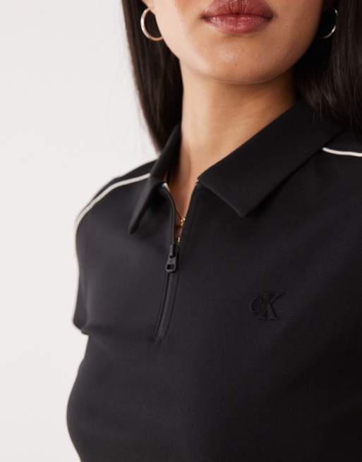 Calvin Klein Jeans slim fit zip through cropped racer polo in black, 3 of 4