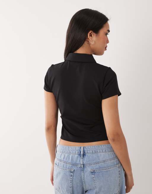 Calvin Klein Jeans slim fit zip through cropped racer polo in black, 4 of 4