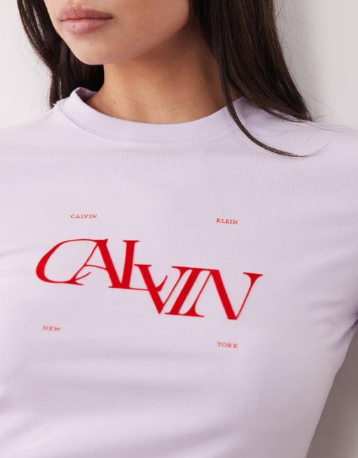Calvin Klein Jeans slim graphic t-shirt in lilac, 3 of 4