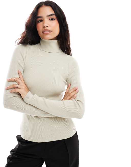 Calvin Klein Jeans Slim Ribbed Roll Neck Jumper in Pelican ASOS