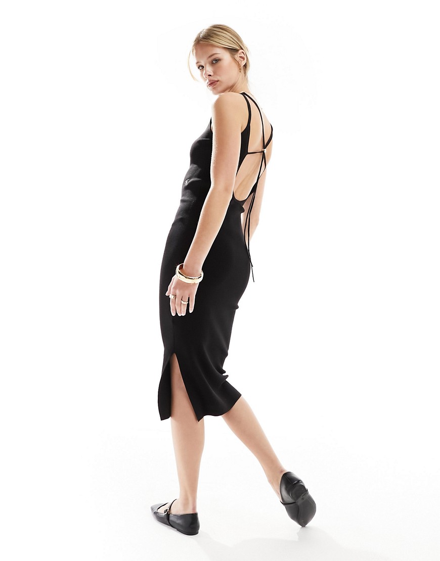 Calvin Klein Jeans Slim Ribbed Tie Back Midi Dress in Ck Black