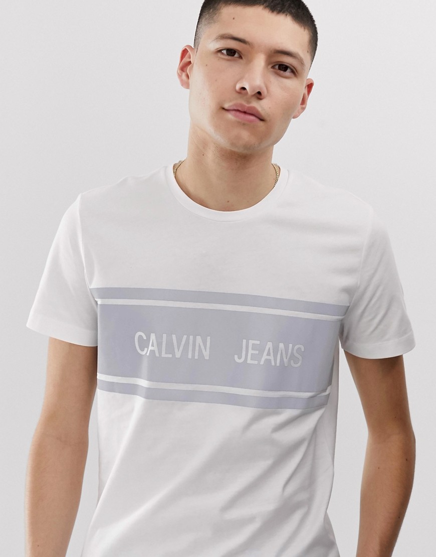 Calvin Klein Jeans slimfit t-shirt med logo og refleksstribe-Hvid