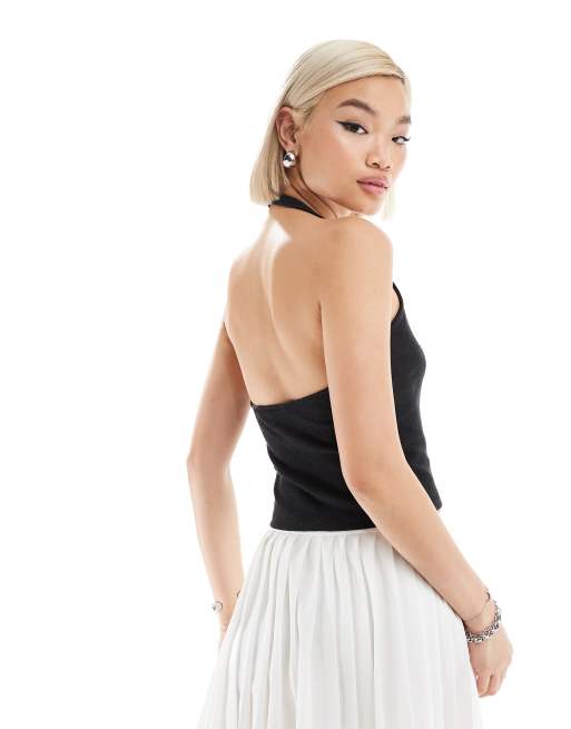 Calvin Klein Jeans slub rib halterneck top in black, 3 of 4