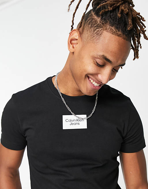 Calvin Klein Jeans small center box logo slim fit t-shirt in black | ASOS