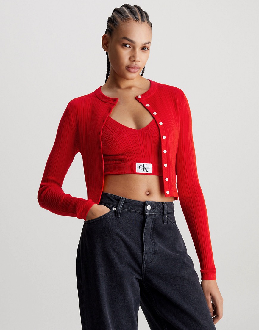 Calvin Klein Jeans Soft Ribbed Lyocell Cardigan in Fiery Red