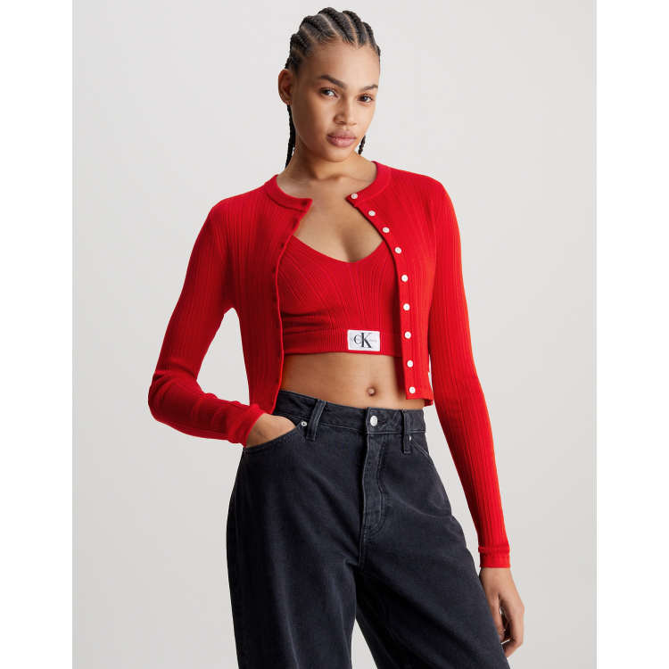 Calvin Klein Jeans Soft Ribbed Lyocell Cardigan in Fiery Red | ASOS