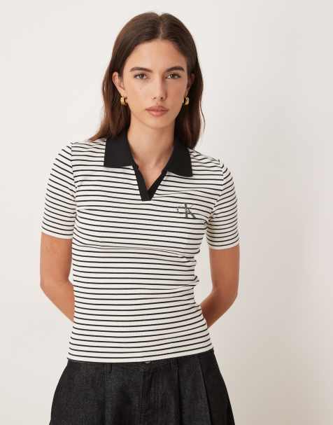 Calvin Klein Jeans - Sort og stribet polo med monogramlogo i ribstrik - view 1