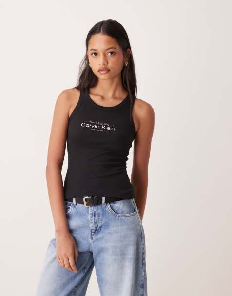 Calvin Klein Jeans - Sort ribstrikket tanktop med grafisk logo - view 1