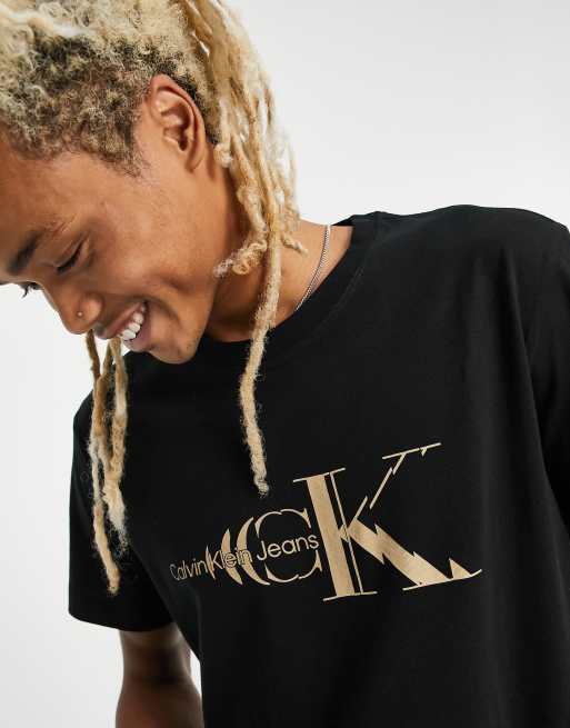 Calvin Klein Jeans - Sort T-shirt med monokromt opbrudt logo