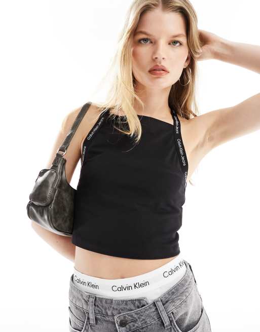 Calvin Klein Jeans - Sort top med elastiske stropper med logoprint