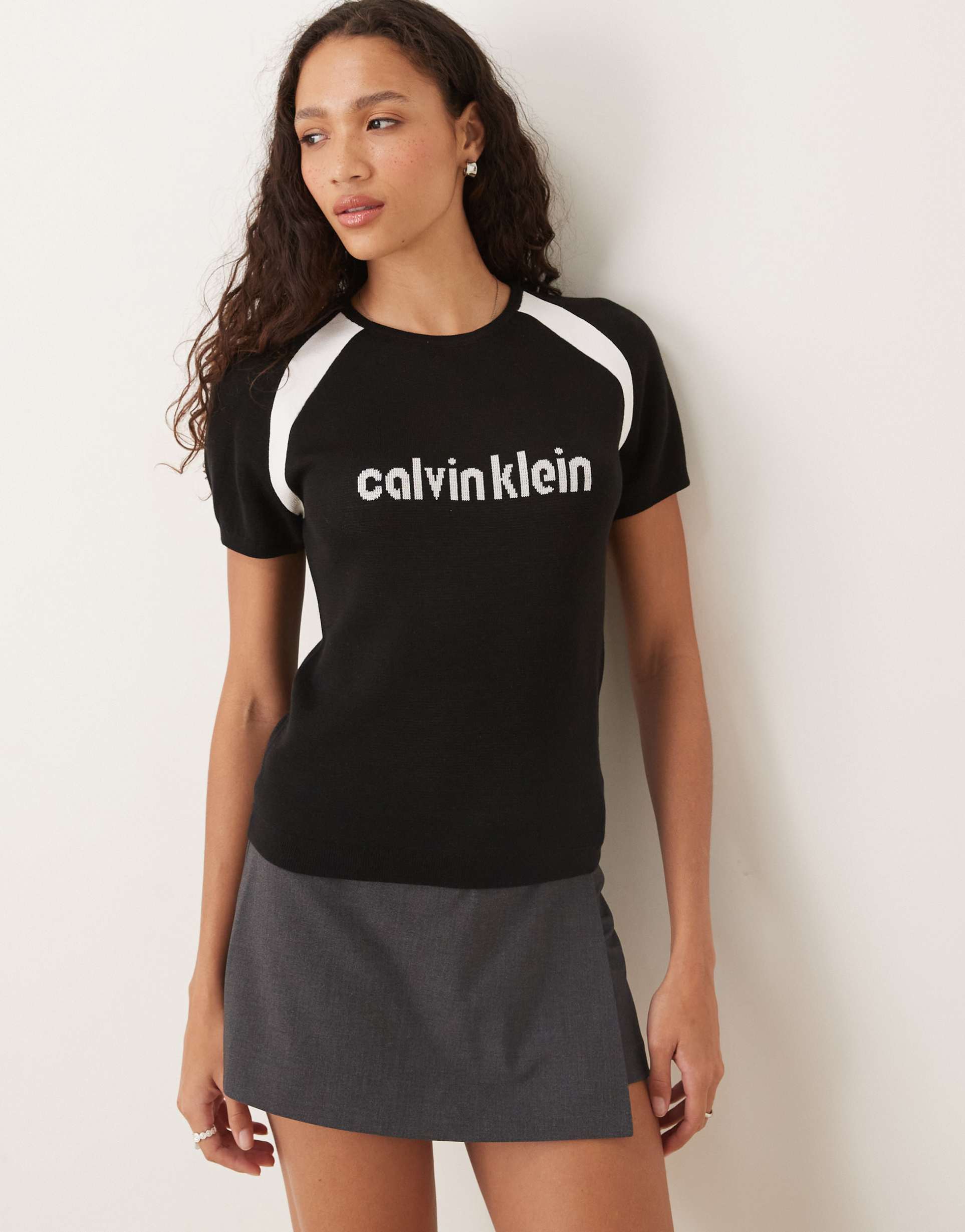 calvin klein jeans sporty knit top in black and white