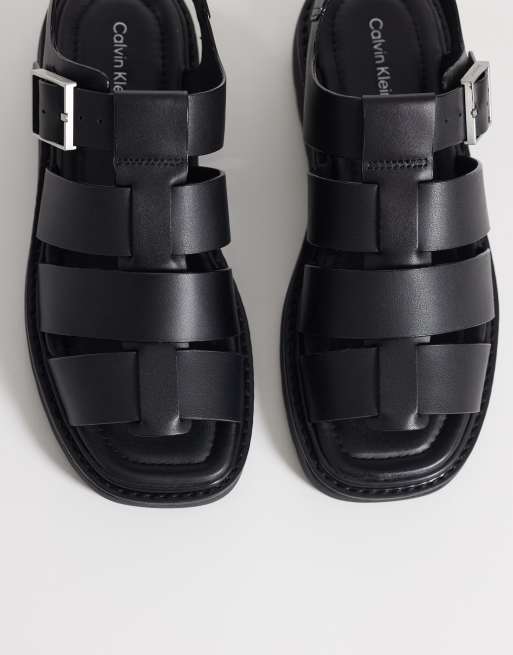 Calvin Klein Jeans square toe leather fisherman sandal in black , 3 of 4