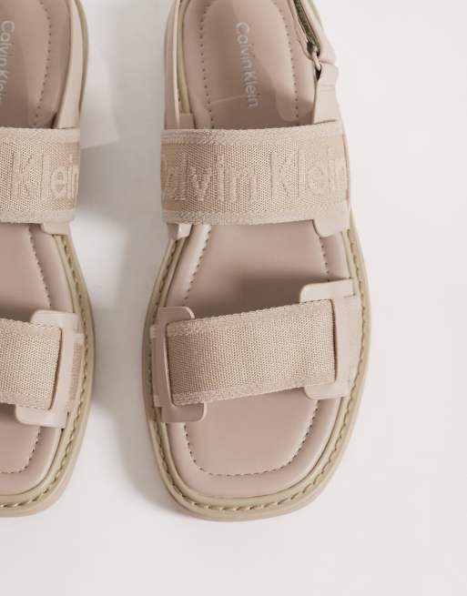 Calvin Klein Jeans square toe sandal with canvas straps and bold logo in beige  - BEIGE, 2 of 4