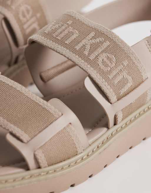 Calvin Klein Jeans square toe sandals with canvas straps and bold logo in beige, 4 of 4