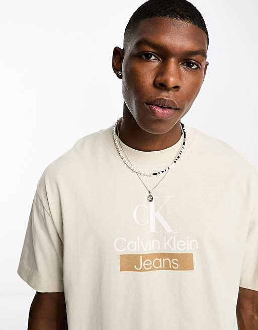Calvin Klein Jeans stacked archival t-shirt in beige | ASOS