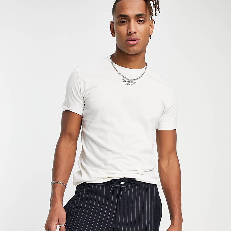 Calvin Klein Jeans stacked logo slim fit t-shirt in ivory | ASOS