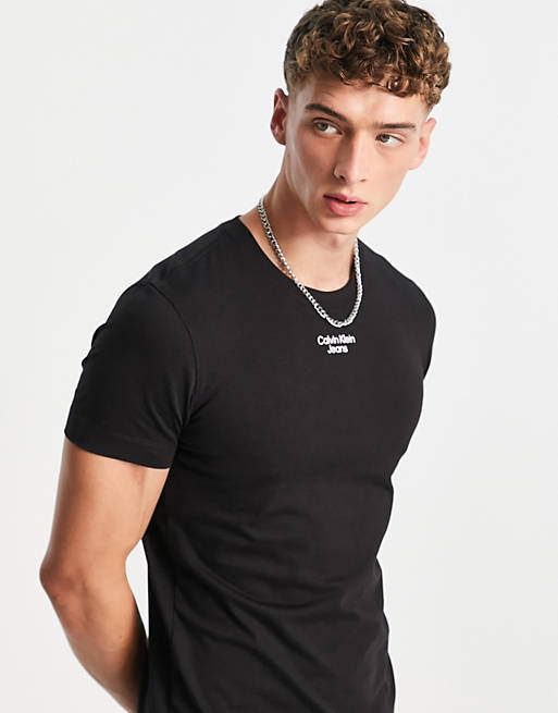 Calvin Klein Jeans stacked logo T-shirt in black | ASOS