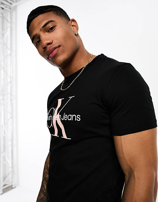 Calvin Klein Jeans stacked outline logo t-shirt in black | ASOS