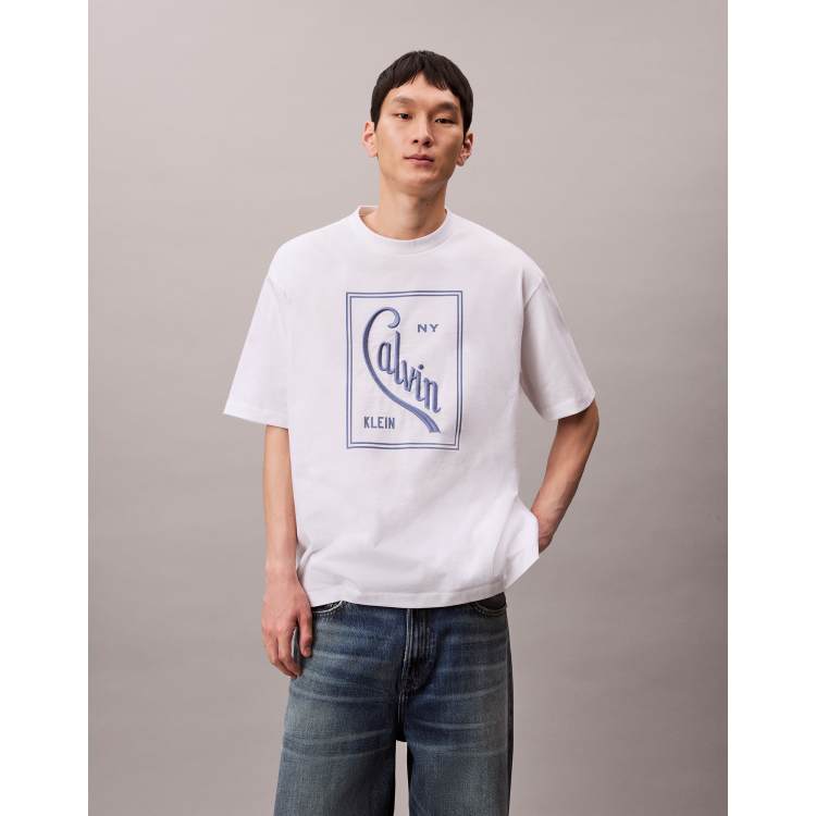 Calvin Klein Jeans stamp graphic t-shirt in white and blue