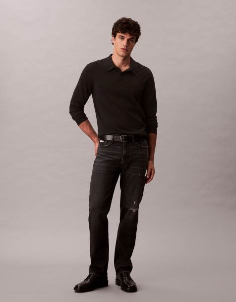 Calvin Klein Jeans standard straight jeans with rips in washed black - view 1