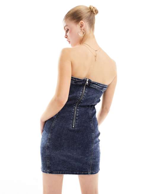 Calvin Klein Jeans strapless denim mini dress in mid wash