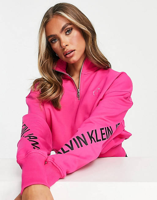 Calvin Klein Jeans stretch innovation half zip sweatshirt in pink | ASOS