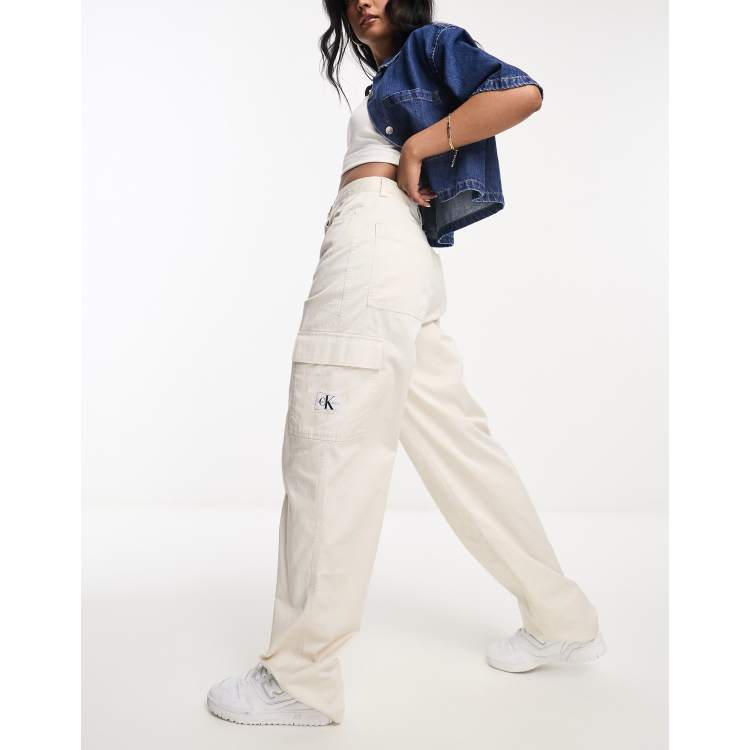 Calvin Klein Jeans stretch twill | in cream trousers rise ASOS high