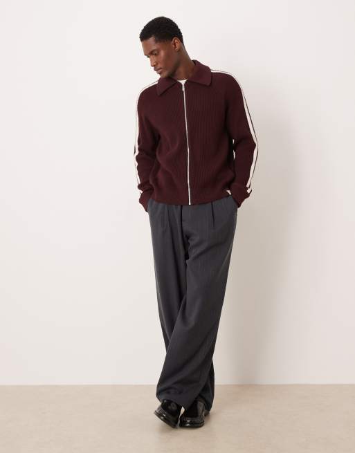 Calvin Klein Jeans stripe knit track jacket in burgundy and white, 2 of 5