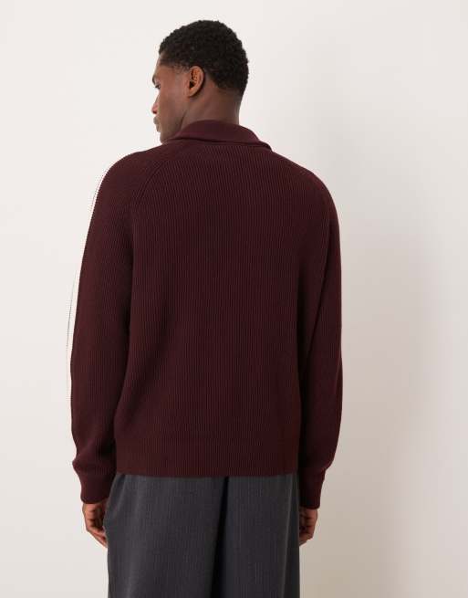 Calvin Klein Jeans stripe knit track jacket in burgundy and white, 3 of 5