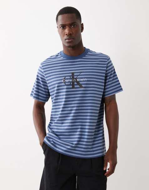 Calvin Klein Jeans stripe monologo t-shirt in denim blue - view 1