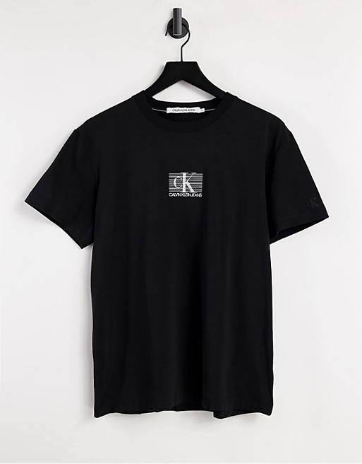 Calvin Klein Jeans striped box logo T-shirt in black | ASOS