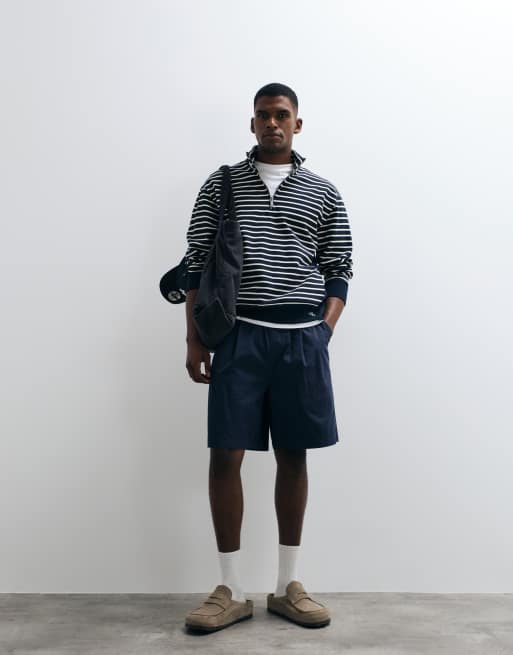 Calvin Klein Jeans striped monogram quarter zip top in dark blue and white stripe, 4 of 5