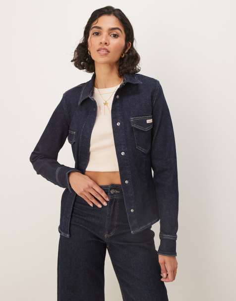 Calvin Klein Jeans structured denim top in dark wash - view 1