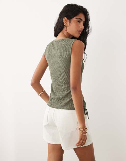 Calvin Klein Jeans – Strukturiertes, asymmetrisches Oberteil in Olivgrün mit Raffung, 4 von 4