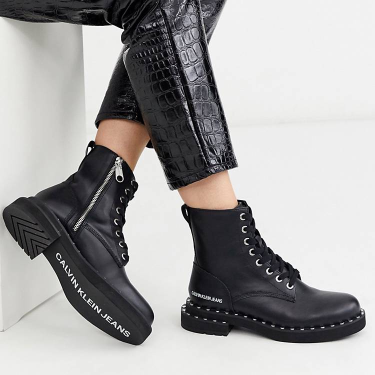 Calvin Klein Jeans studded chunky lace-up ankle boots in black | ASOS