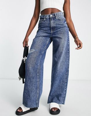Calvin Klein Jeans super high rise raw hem wide leg jean in mid wash