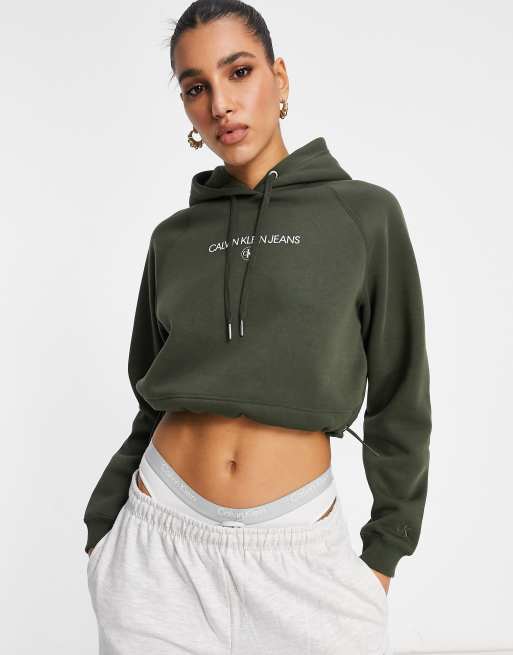Calvin Klein Jeans - Sweat à capuche court avec logo sur le devant - Kaki, 2 de 4