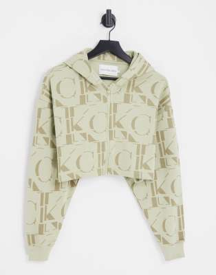 Calvin Klein Jeans all over print zip through cropped hoodie in khaki - ASOS Price Checker