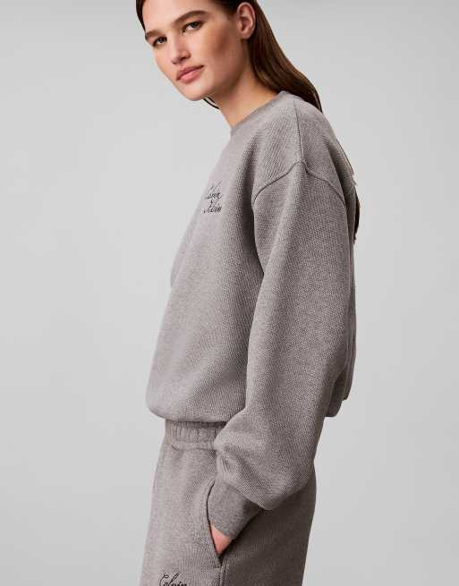 Calvin Klein Jeans Sweatshirt aus Baumwollfleece mit Ballonsaum in mittelgrau meliert, 6 von 6