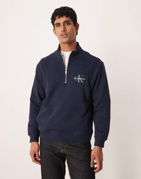 Calvin Klein Jeans – Sweatshirt in Marineblau mit kurzem Reißverschluss und Monogramm-Logo - view 1