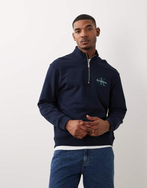 Calvin Klein Jeans – Sweatshirt in Marineblau mit Logo auf der Brust und kurzem Reißverschluss - view 1