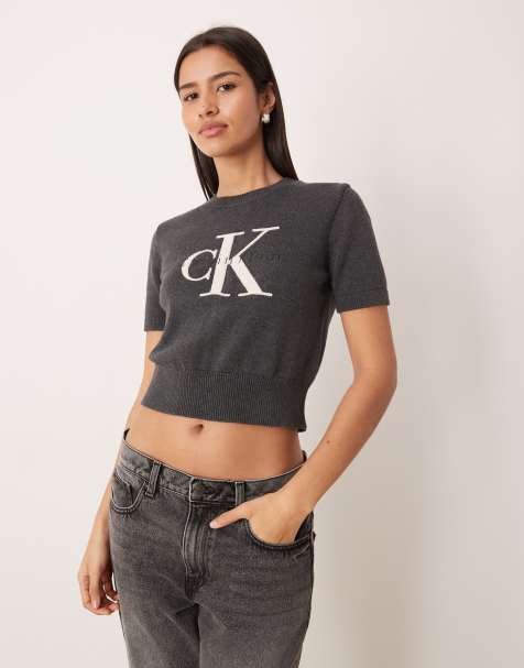 Calvin Klein Jeans cropped knitted monogram logo top in charcoal grey