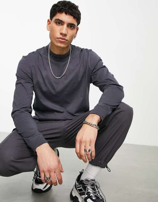Calvin Klein Jeans – Szary żakardowy top z długimi rękawami i logo na dekolcie
