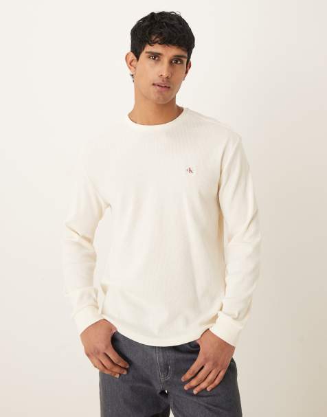 Calvin Klein Jeans - T-shirt a maniche lunghe color crema lavorata a nido d'ape con etichetta - view 1