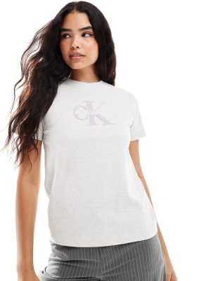 Calvin Klein Jeans - T-Shirt aus Chenille in Elfenbein-Heidegrau mit Monogramm