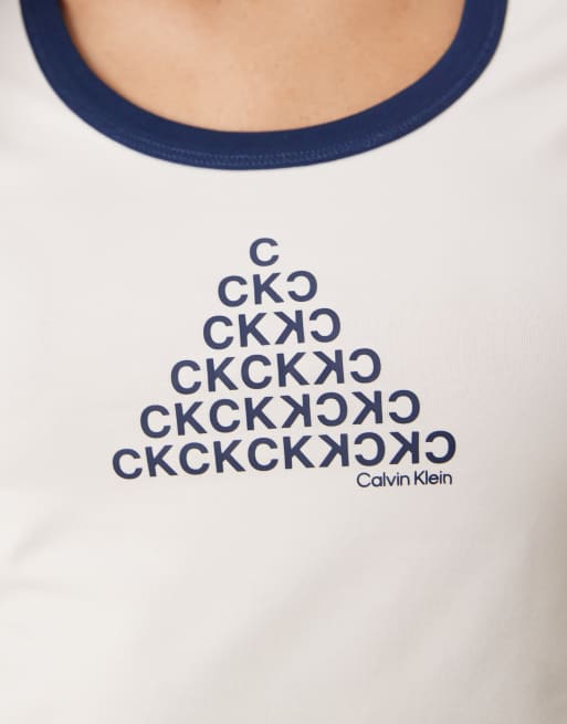 Calvin Klein Jeans - T-shirt baby bianca con bordi blu navy, 4 di 4